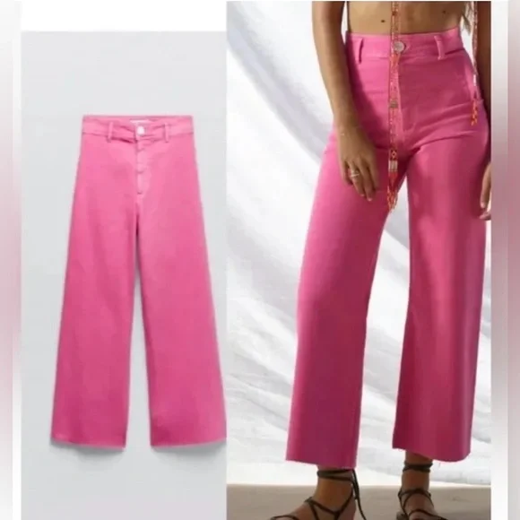Zara Hot Pink Marine Straight High Rise Wide Leg Jeans
Raw Hem, Sz 4 - Picture 1 of 15